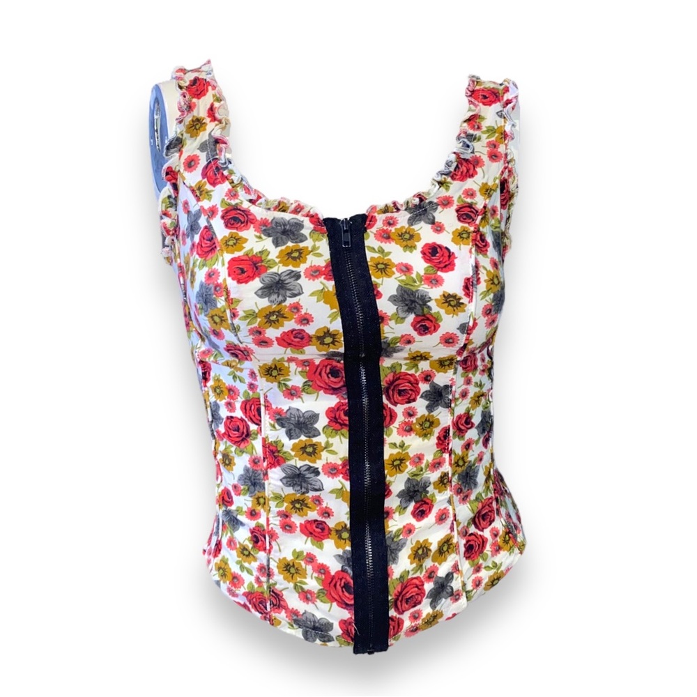 Floral Zip-Front Women's Tank Top - White with Pink & Green Roses